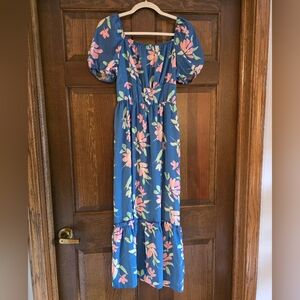 Floral Blue Maxi Dress Witb Neon Flowers Sz Medium